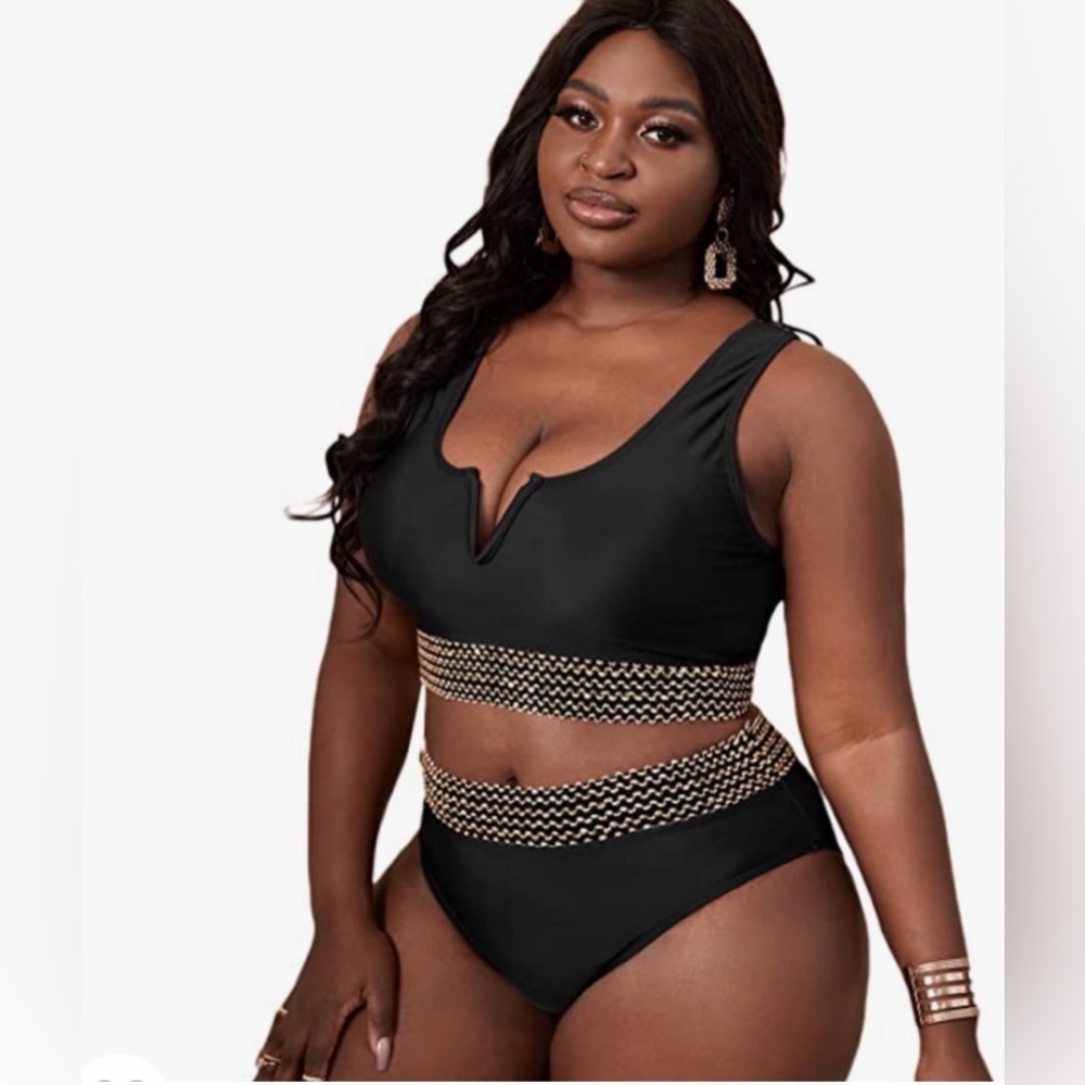 SHEIN patch work bathing suit high waist gold trim